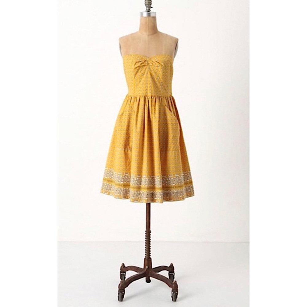 Anthropologie Mustard Yellow Strapless Fit-and-Flare Dress